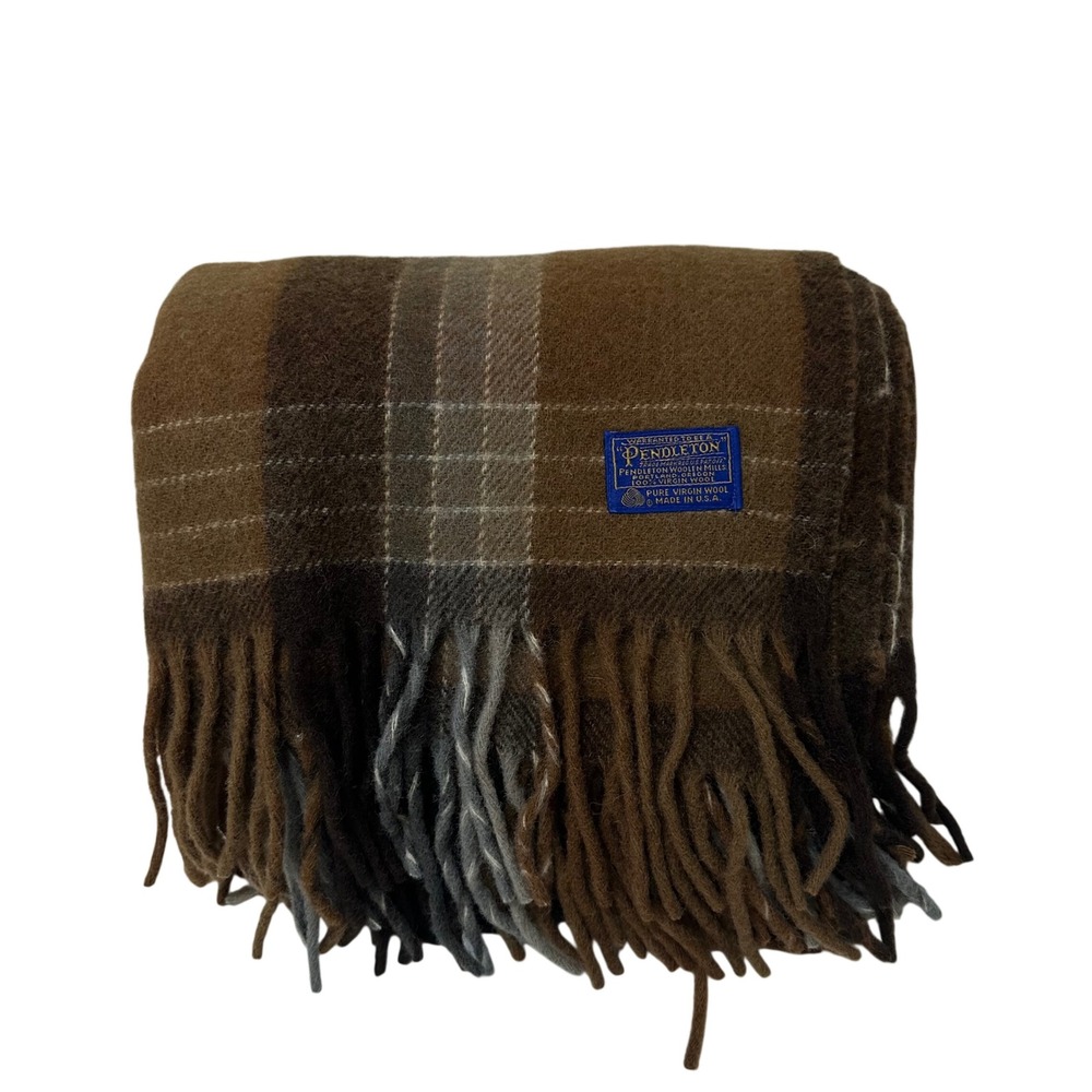Pendleton Wool Plaid Throw Blanket Brown Tan Grey Fringe Made in USA 64x52